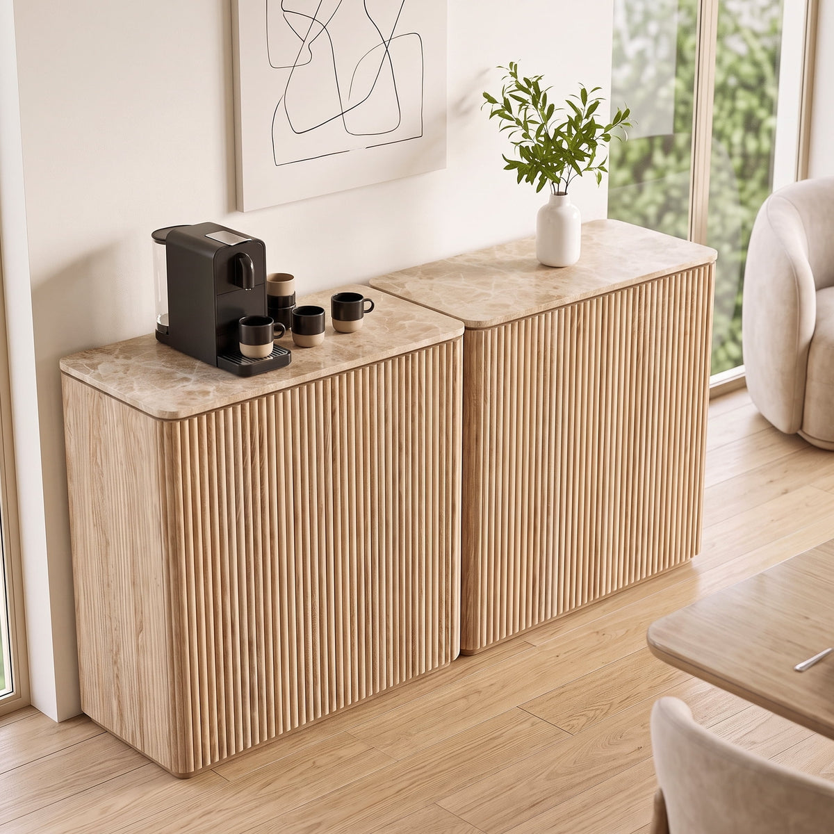 Hvoonc Set of 2 Fluted Sideboard Buffet Cabinet with Storage and 34"W Faux Marble Top, 2 Push-to-Open Doors, Modern Accent Cabinet for Dining Room Entryway, Natural Oak