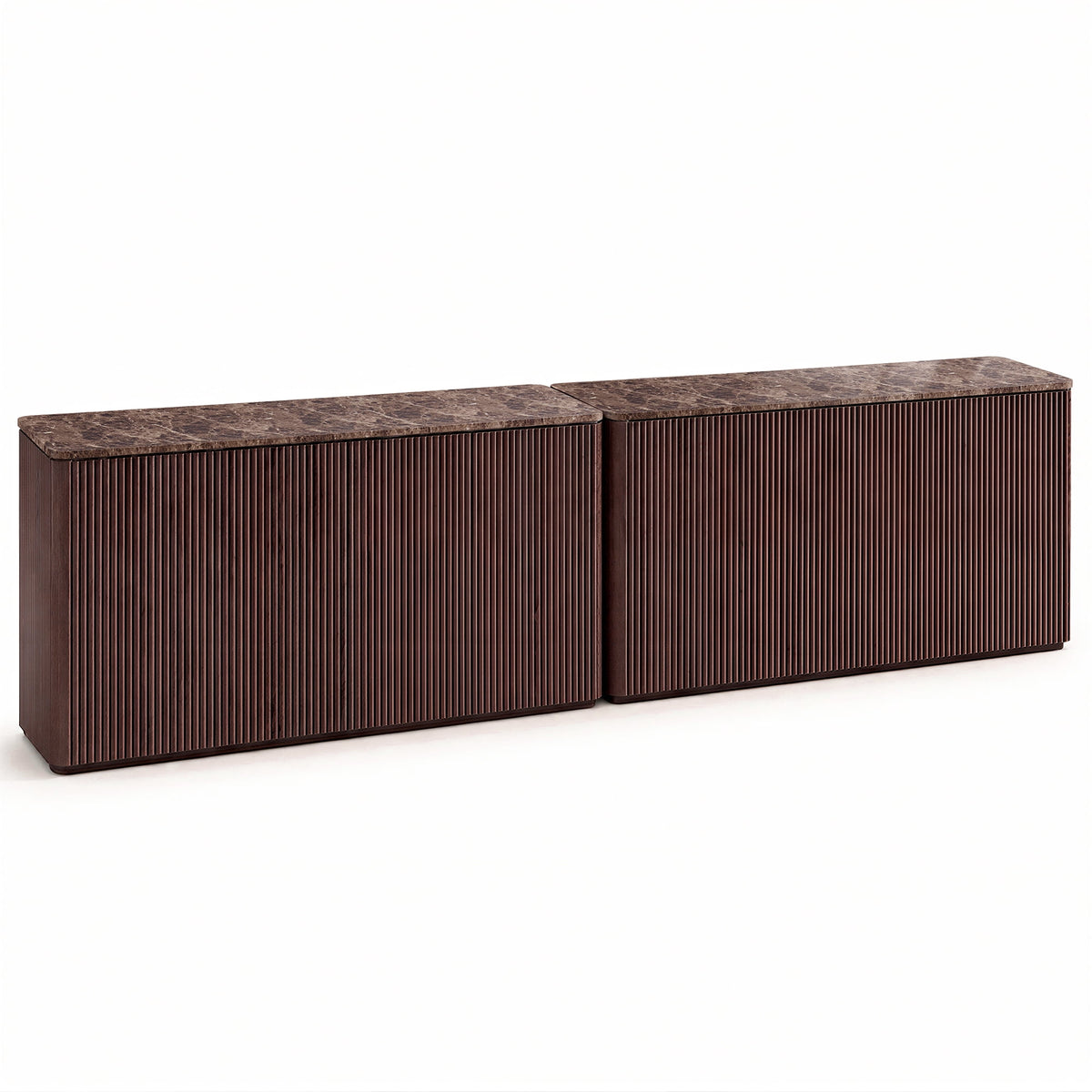Hvoonc 2-Piece Fluted Sideboard Buffet Cabinets with Storage and 4 Push-to-Open Doors, Modern Faux Marble Look Credenza Cabinet for Dining Room Entryway, Walnut Brown