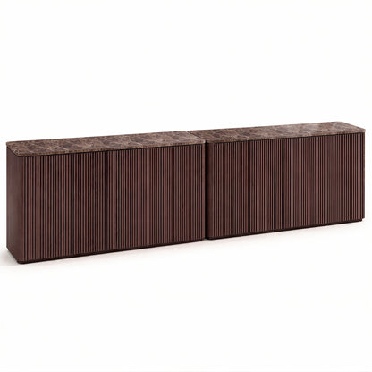 Hvoonc 2-Piece Fluted Sideboard Buffet Cabinets with Storage and 4 Push-to-Open Doors, Modern Faux Marble Look Credenza Cabinet for Dining Room Entryway, Walnut Brown