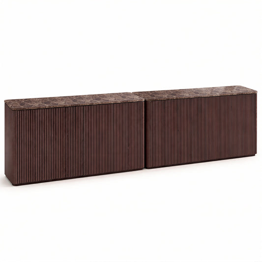 Hvoonc 2-Piece Fluted Sideboard Buffet Cabinets with Storage and 4 Push-to-Open Doors, Modern Faux Marble Look Credenza Cabinet for Dining Room Entryway, Walnut Brown