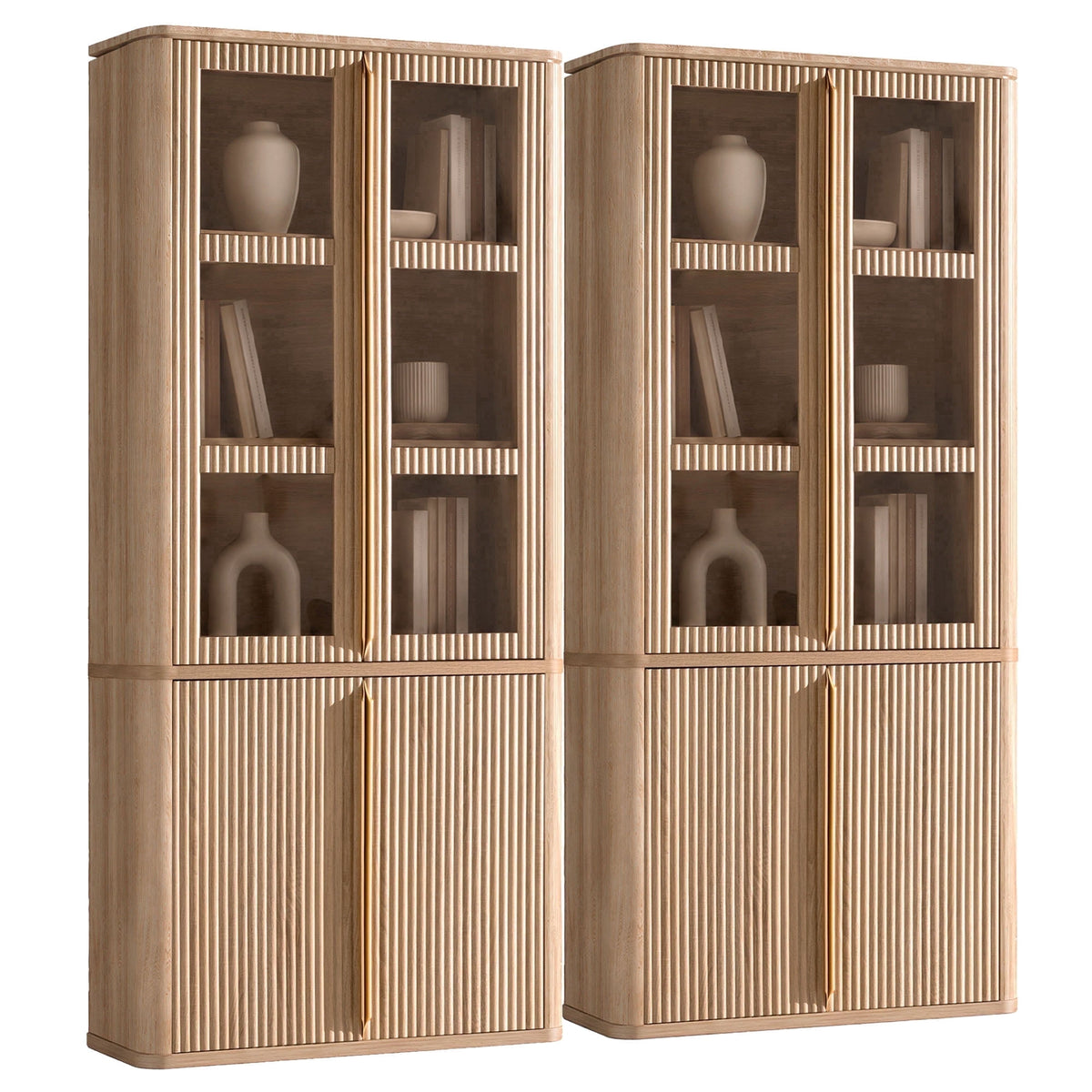 Hvoonc Set of 2 77" Tall Fluted Accent Storage Cabinet with Glass Doors and Shelves, Kitchen Pantry Cabinet Organizer, Natural Oak