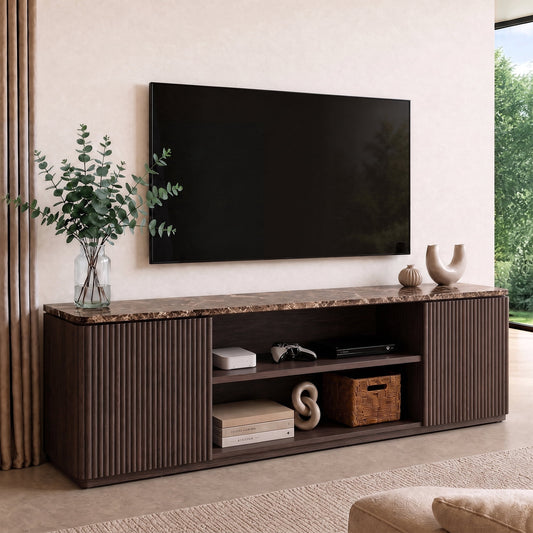 Hvoonc 70" Fluted TV Stands for Living Room with Faux Marble Top & Storage, Entertainment Center for 65-80" TVs, Walnut Brown