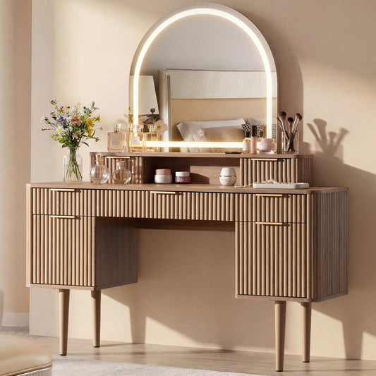 Hvoonc Vanity Desk with Mirror and Lights, Fluted Makeup Vanity Table with 7 Drawers, Large Arched LED Mirror, Dressing Table with Storage for Bedroom, Natural Oak