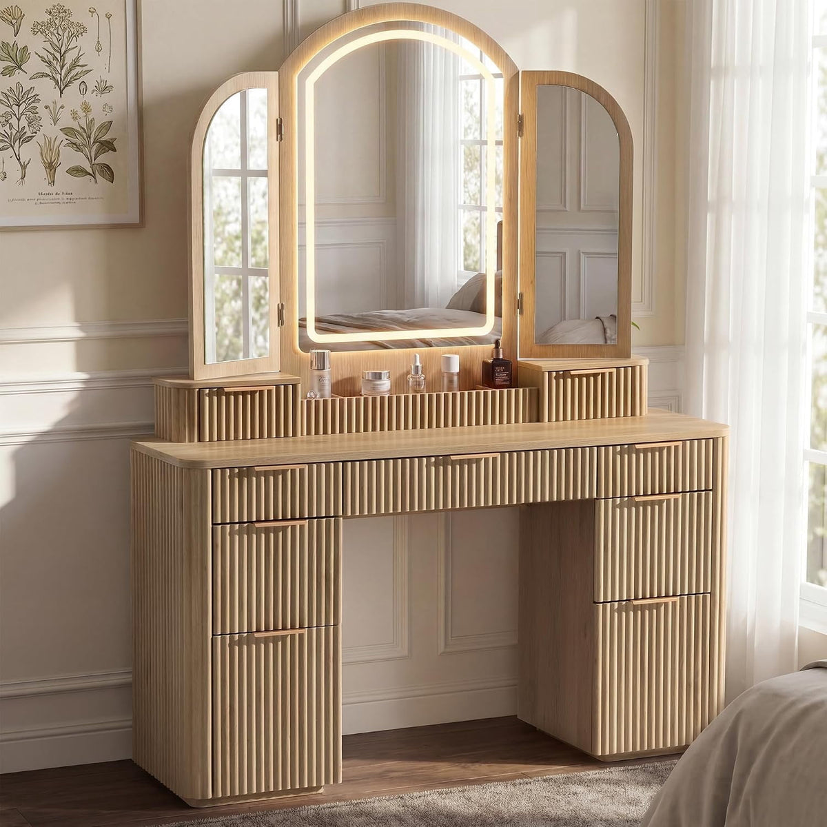 Hvoonc Vanity Desk with Trifold Mirrors and Lights, Fluted Makeup Vanity Table with 9 Drawers, Large Arched LED Mirror, Dressing Table with Storage for Bedroom, Natural Oak