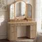 Hvoonc Vanity Desk with Trifold Mirrors and Lights, Fluted Makeup Vanity Table with 9 Drawers, Large Arched LED Mirror, Dressing Table with Storage for Bedroom, Natural Oak
