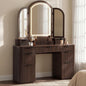 Hvoonc Vanity Desk with Trifold Mirrors and Lights, Fluted Makeup Vanity Table with 9 Drawers, Large Arched LED Mirror, Dressing Table with Storage for Bedroom, Walnut Brown