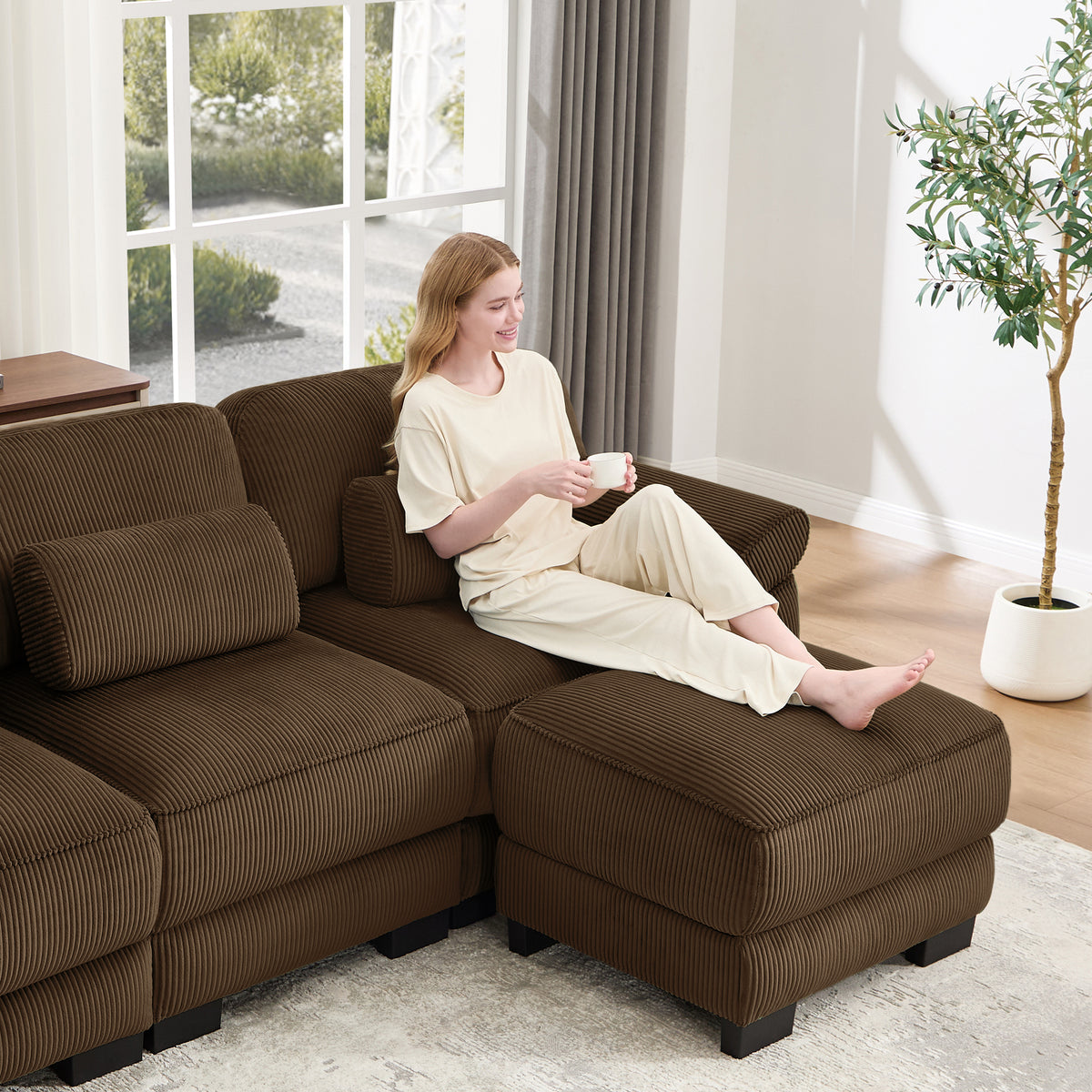 Hvoonc 132.3" Oversized Modular Sectional Sofa for Living Room, 24" Deep Seating, Pocket Spring Cushions, Pet-Friendly Corduroy Fabric, Brown