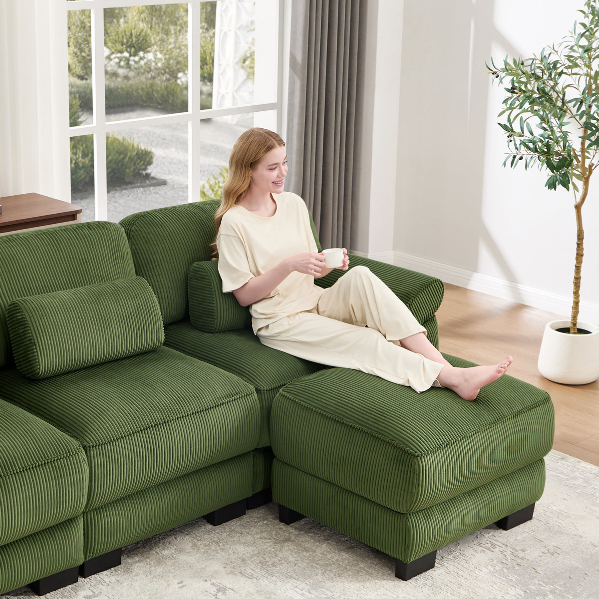Hvoonc 132.3" Oversized Modular Sectional Sofa for Living Room, 24" Deep Seating, Pocket Spring Cushions, Pet-Friendly Corduroy Fabric, Green