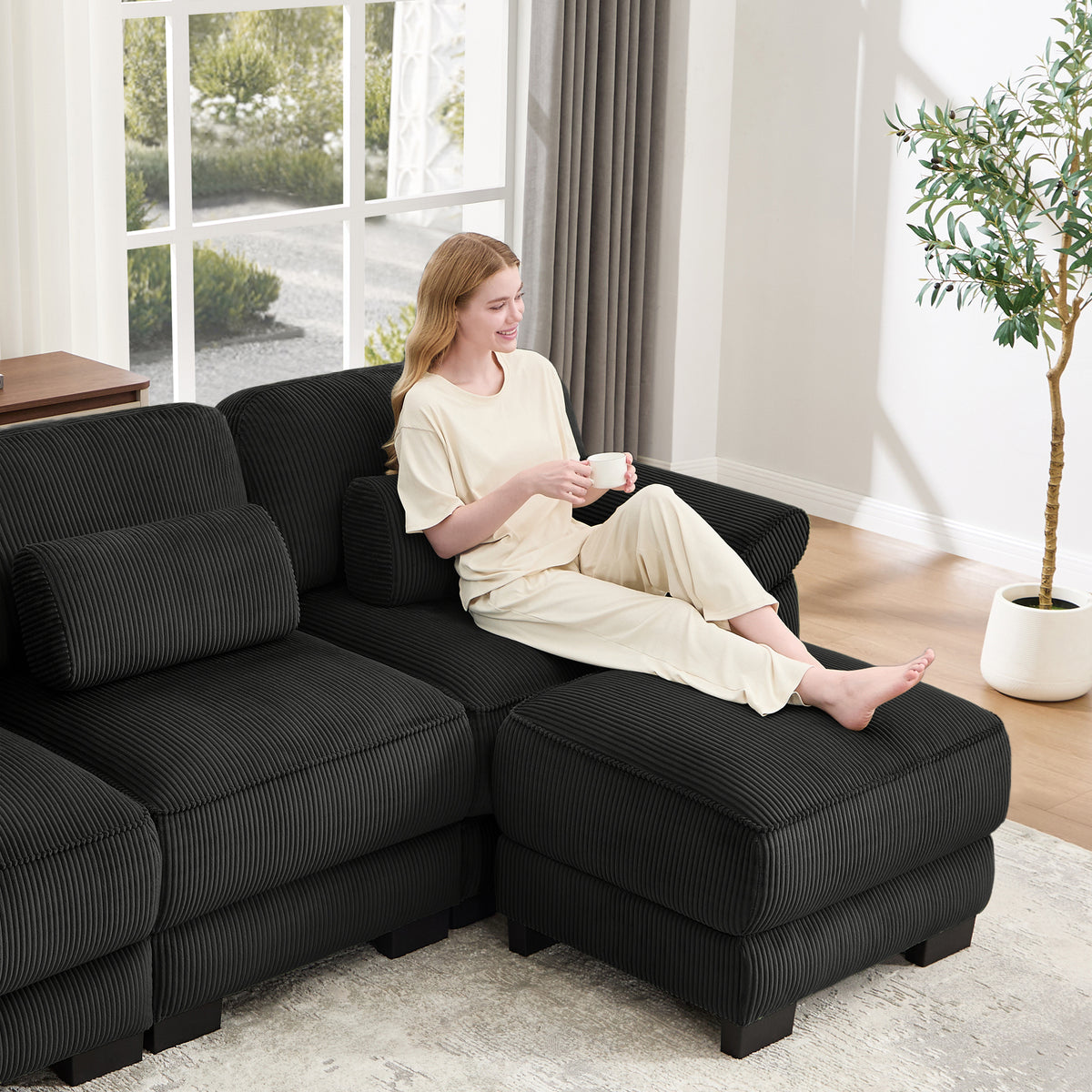 Hvoonc 132.3" Oversized Modular Sectional Sofa for Living Room, 24" Deep Seating, Pocket Spring Cushions, Pet-Friendly Corduroy Fabric, Black