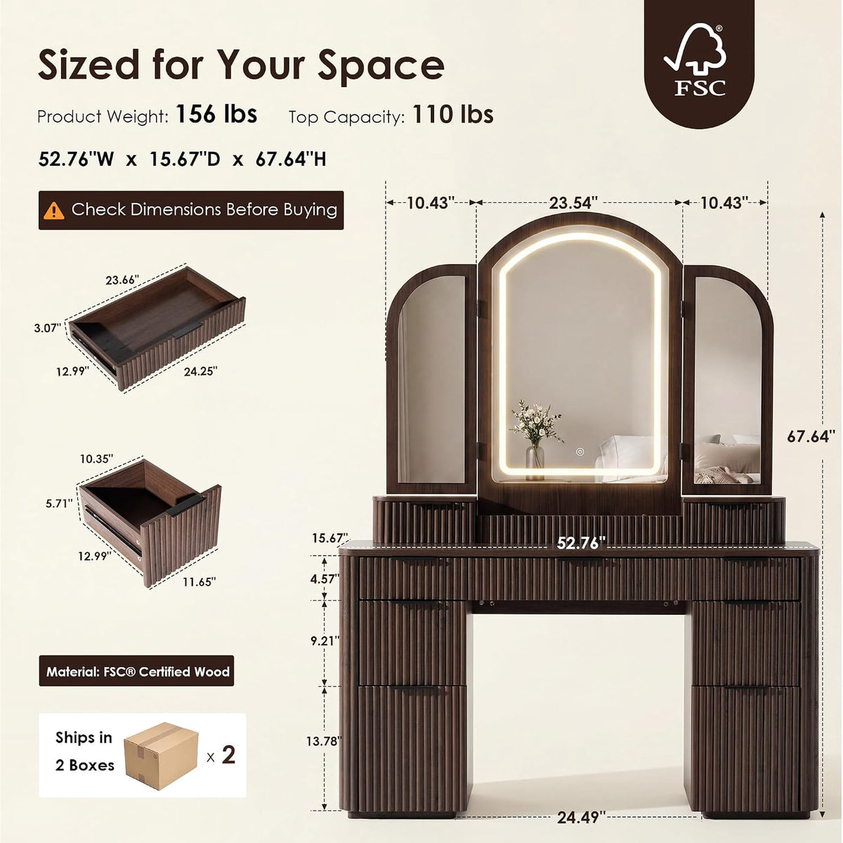 Hvoonc Vanity Desk with Trifold Mirrors and Lights, Fluted Makeup Vanity Table with 9 Drawers, Large Arched LED Mirror, Dressing Table with Storage for Bedroom, Walnut Brown