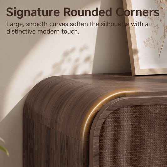 Hvoonc Rattan Nightstand with 2 Drawers, Large Rounded Corner Bedside Table with Storage, Modern End Table for Bedroom, Dark Oak Wood Finish