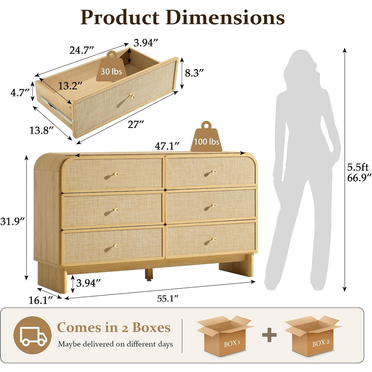 Hvoonc Modern Rattan 6 Drawer Dresser, 55.1" Wide Curved Chest of Drawers for Bedroom with Large Rounded Corners, Natural Oak