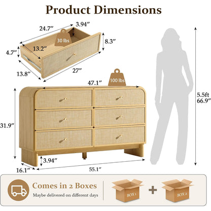 Hvoonc Modern Rattan 6 Drawer Dresser, 55.1" Wide Curved Chest of Drawers for Bedroom with Large Rounded Corners, Natural Oak