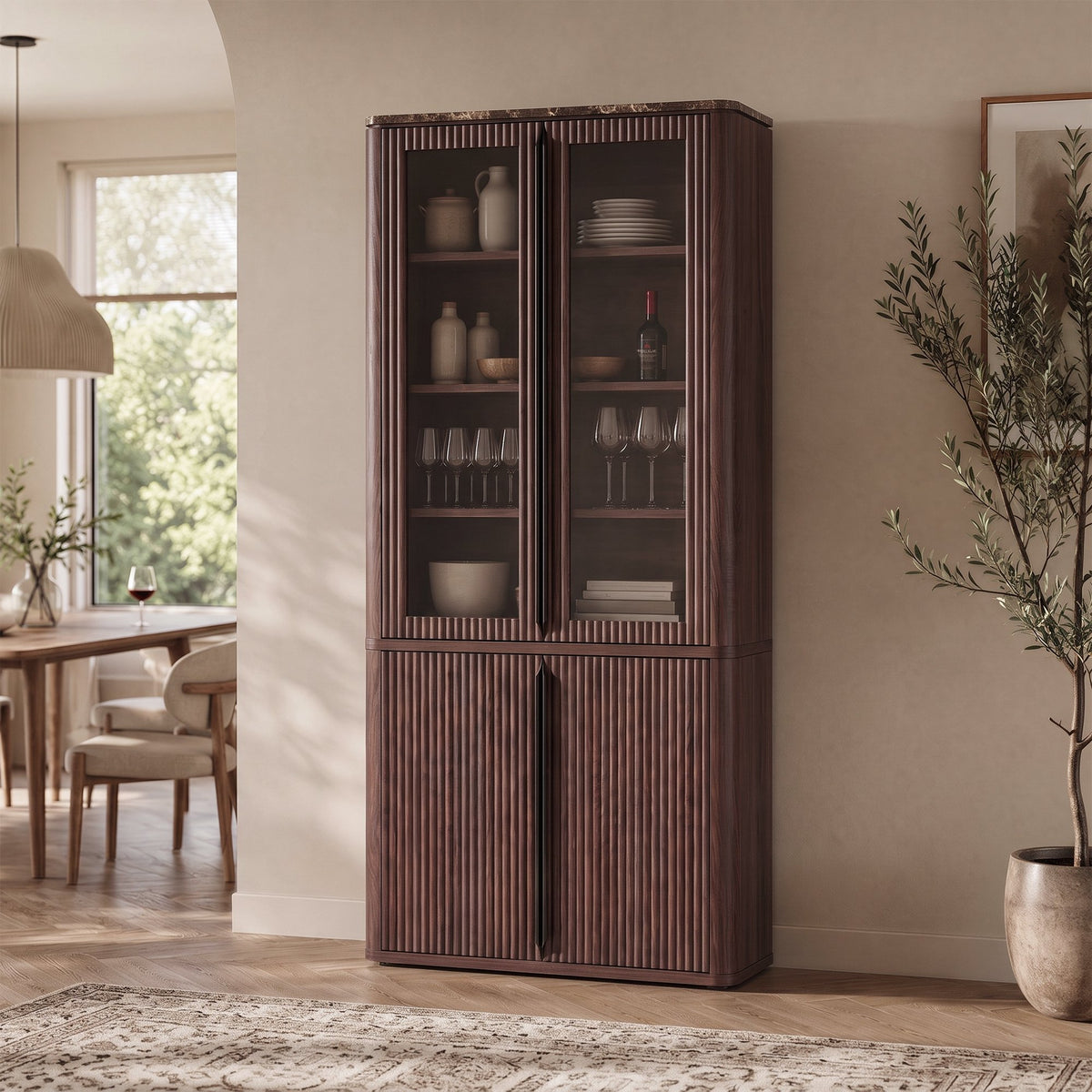 Hvoonc Set of 2 77" Tall Fluted Accent Storage Cabinet with Doors and Shelves, Kitchen Pantry Cabinet Display Glass for Dining Room Home Office, Walnut Brown