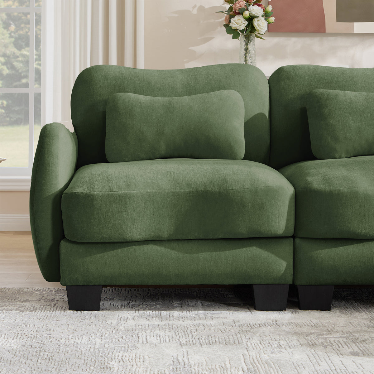 Hvoonc 101" Modular Sectional Sofa for Living Room, Sculptural Curved Chenille 3 Seater Couch with 2 Ottomans, 25" Deep Seat, Pocket Springs, Dark Green