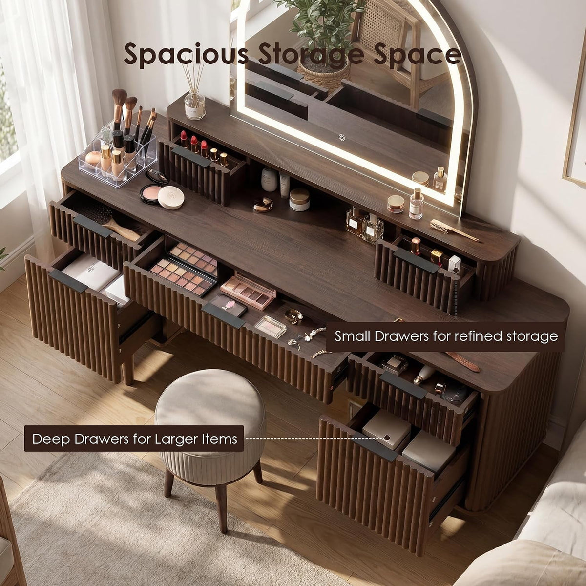 Hvoonc Makeup Vanity Desk with Mirror and Lights, 55.7” Large Fluted Dressing Table with 7 Drawers Storage for Bedroom, Walnut Brown