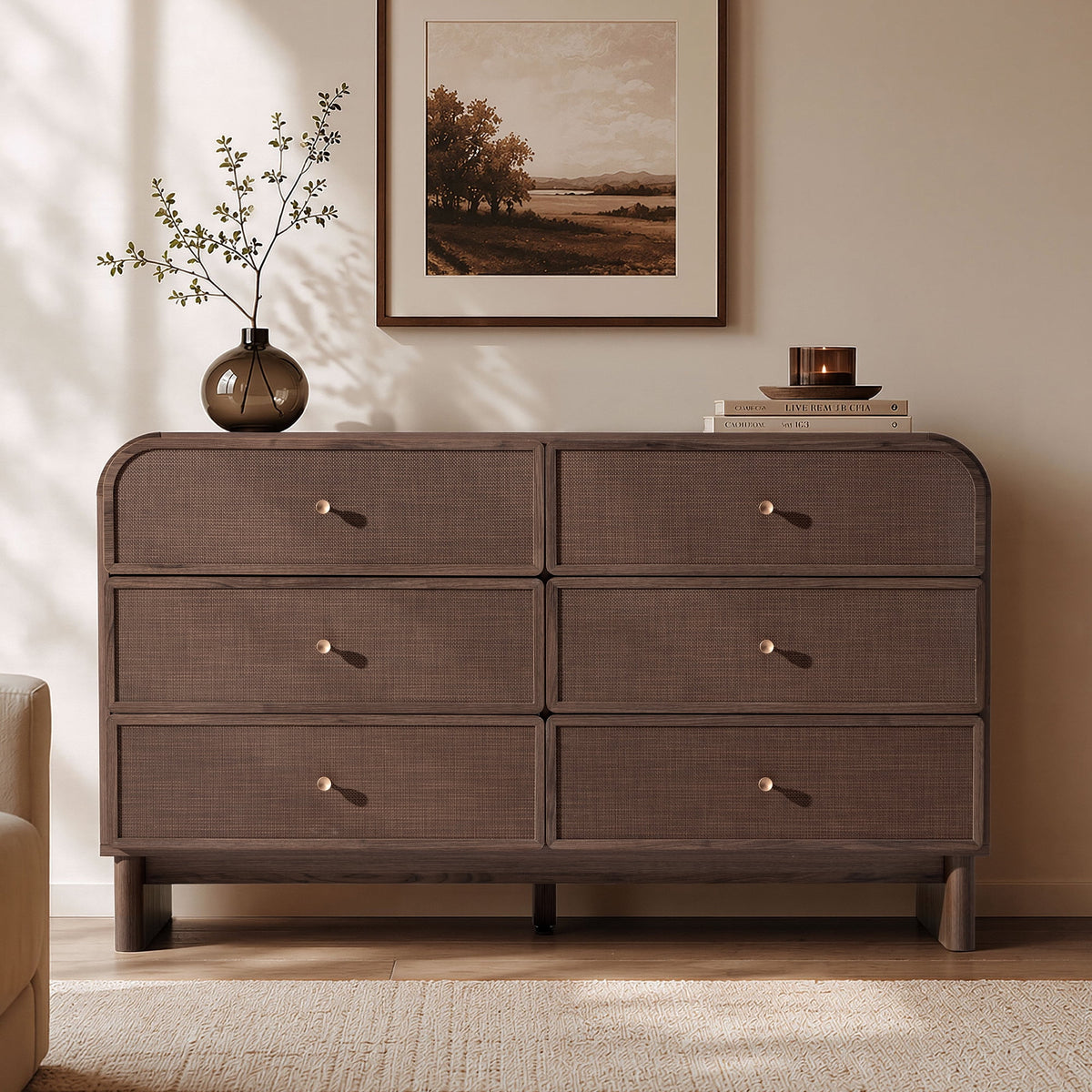 Hvoonc Modern Rattan 6 Drawer Dresser, 55.1" Wide Curved Chest of Drawers for Bedroom with Large Rounded Corners, Dark Oak