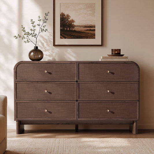 Hvoonc Modern Rattan 6 Drawer Dresser, 55.1" Wide Curved Chest of Drawers for Bedroom with Large Rounded Corners, Dark Oak