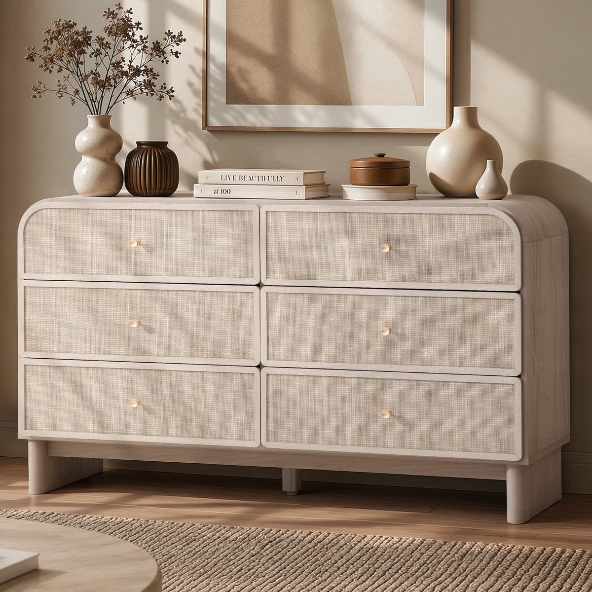 Hvoonc Modern Rattan 6 Drawer Dresser, 55.1" Wide Curved Chest of Drawers for Bedroom with Large Rounded Corners, Gray Oak