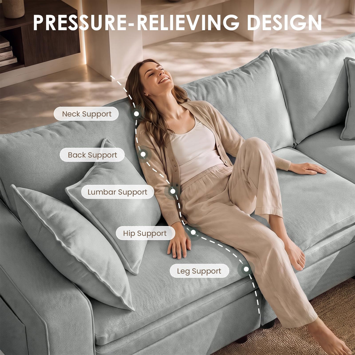 Hvoonc 115" Down-Filled Modular Sofa for Living Room, 3 Seater Couch with Storage Ottoman, Washable Covers, Tool-Free Assembly, Light Gray