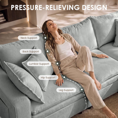 Hvoonc 115" Down-Filled Modular Sofa for Living Room, 3 Seater Couch with Storage Ottoman, Washable Covers, Tool-Free Assembly, Light Gray