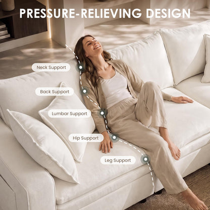 Hvoonc 115" Down-Filled Modular Sofa for Living Room, 3 Seater Couch with Storage Ottoman, Washable Covers, Tool-Free Assembly, Beige
