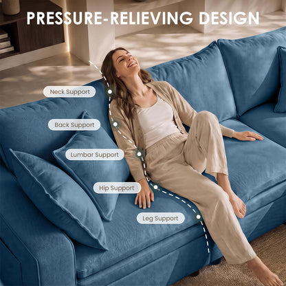 Hvoonc 115" Down-Filled Modular Sofa for Living Room, 3 Seater Couch with Storage Ottoman, Washable Covers, Tool-Free Assembly, Navy Blue