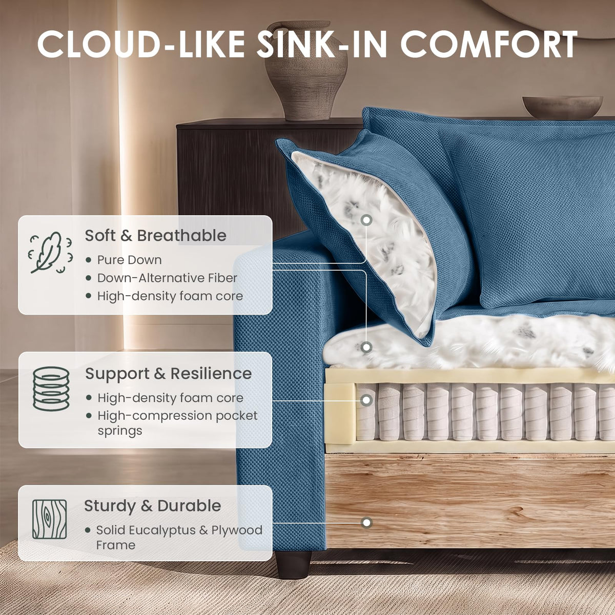 Hvoonc 115" Down-Filled Modular Sofa for Living Room, 3 Seater Couch with Storage Ottoman, Washable Covers, Tool-Free Assembly, Navy Blue