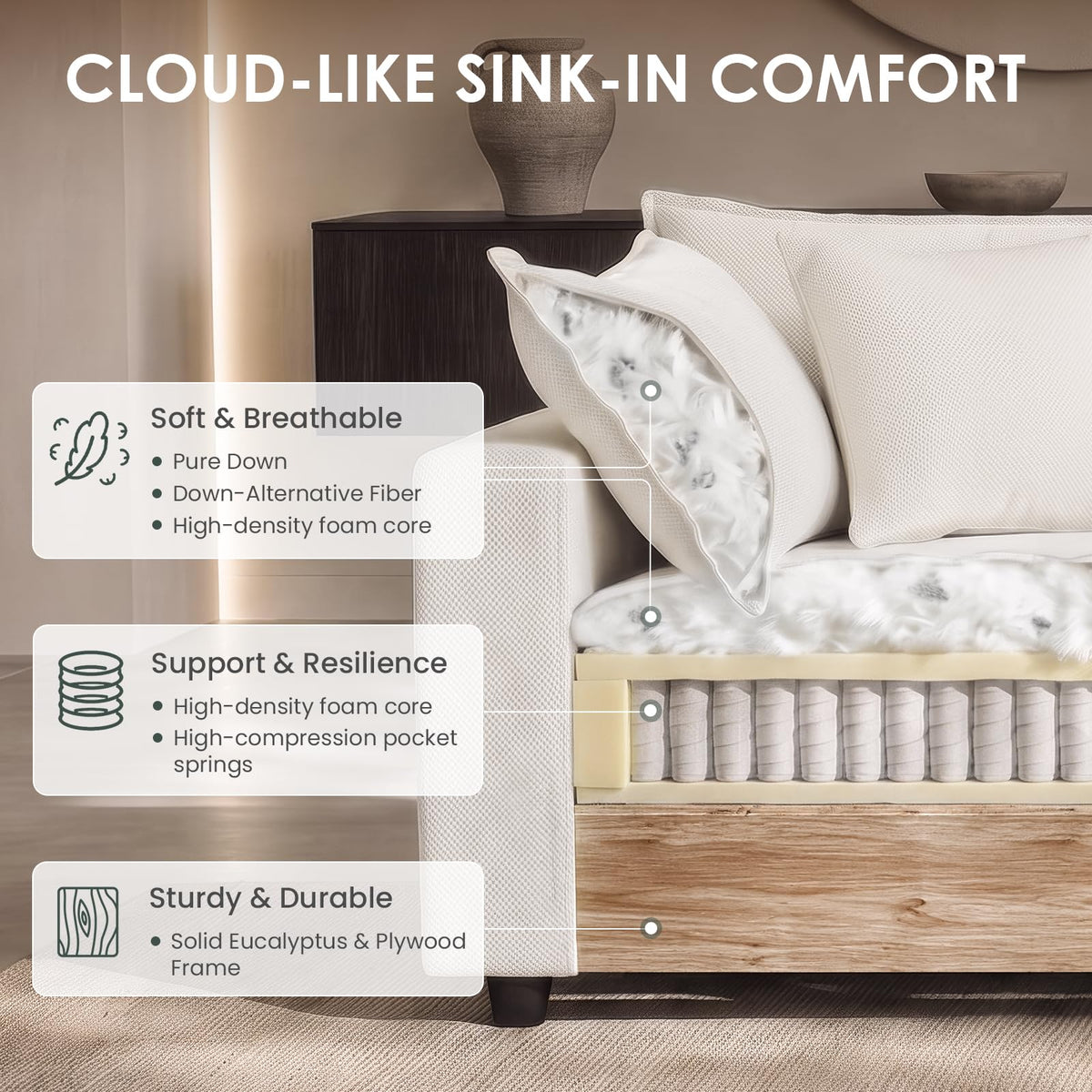 Hvoonc 115" Down-Filled Modular Sofa for Living Room, 3 Seater Couch with Storage Ottoman, Washable Covers, Tool-Free Assembly, Beige